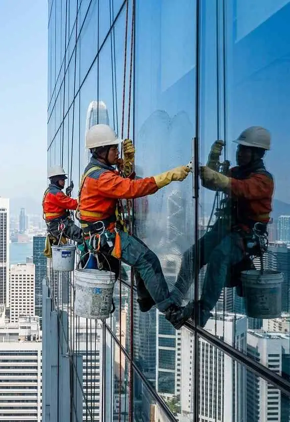 Two rope-access window cleaners in hard hats and harnesses cleaning the glass of a high-rise tower